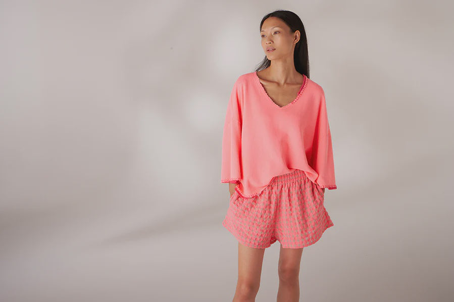 liv bergen Sweater hand stitched in neon coral