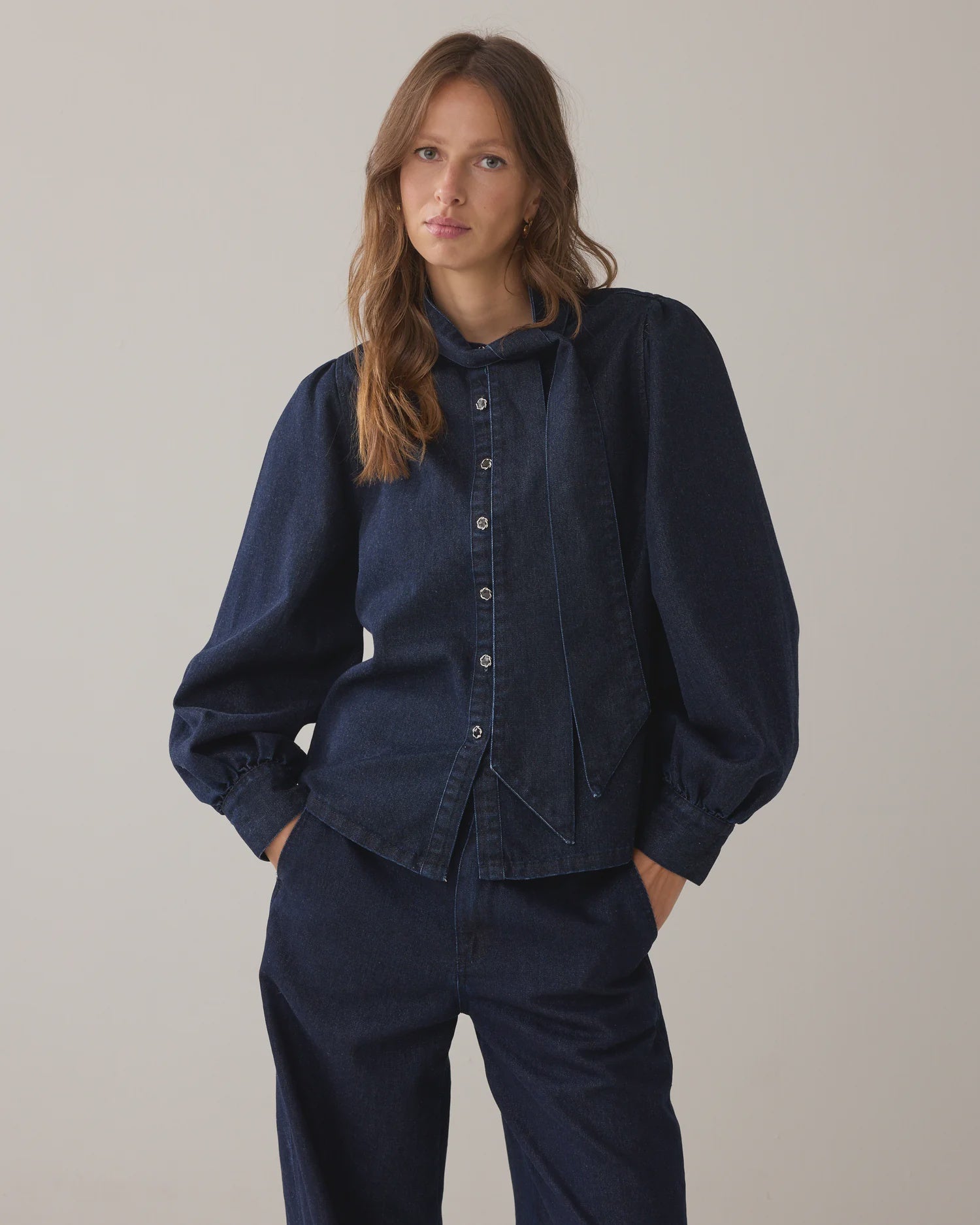 Summum Denim bowtie blouse with lurex
