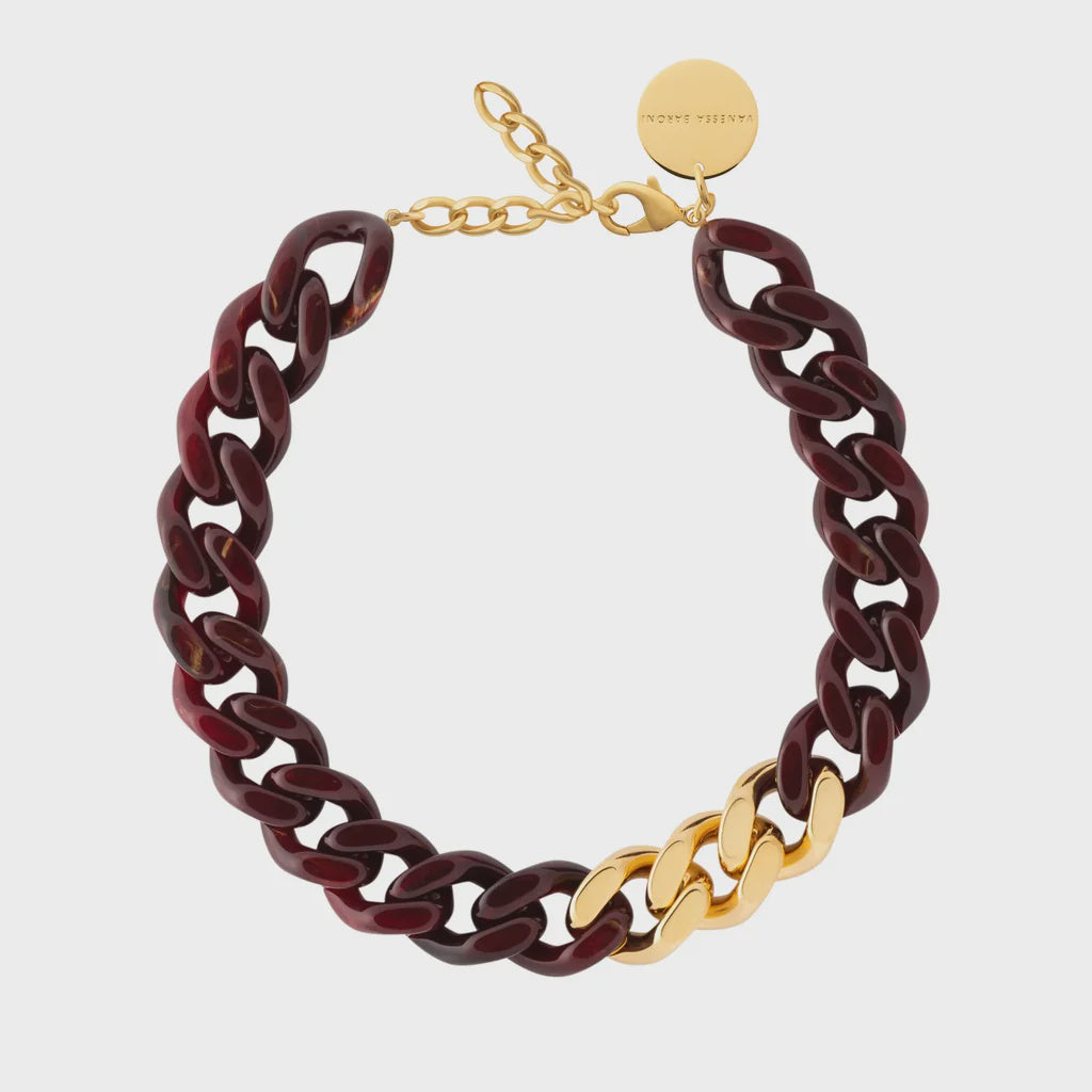 Vanessa Baroni Flat Chain Necklace with gold dark brown marble