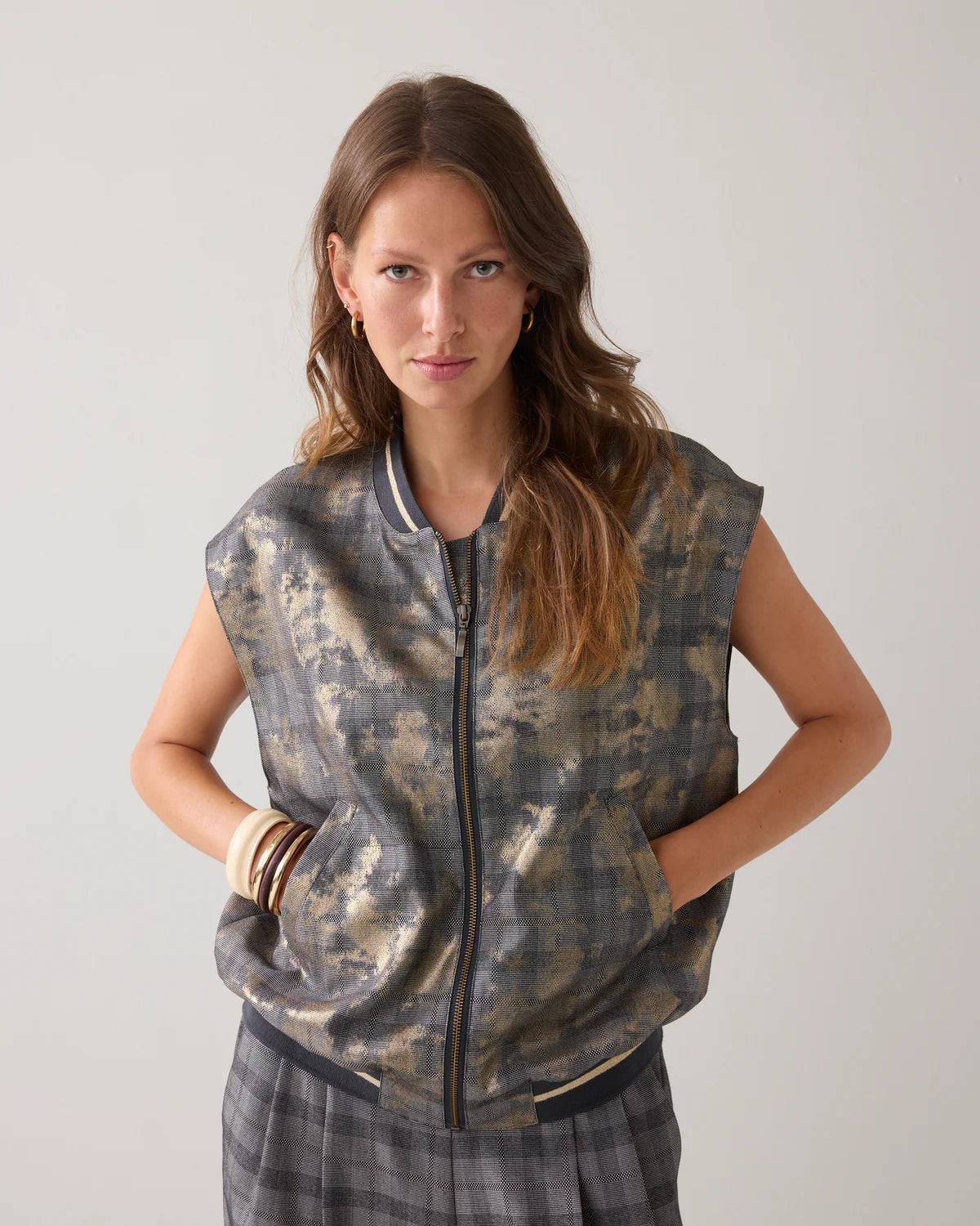 Summum Bomber gilet with plaid and foil print