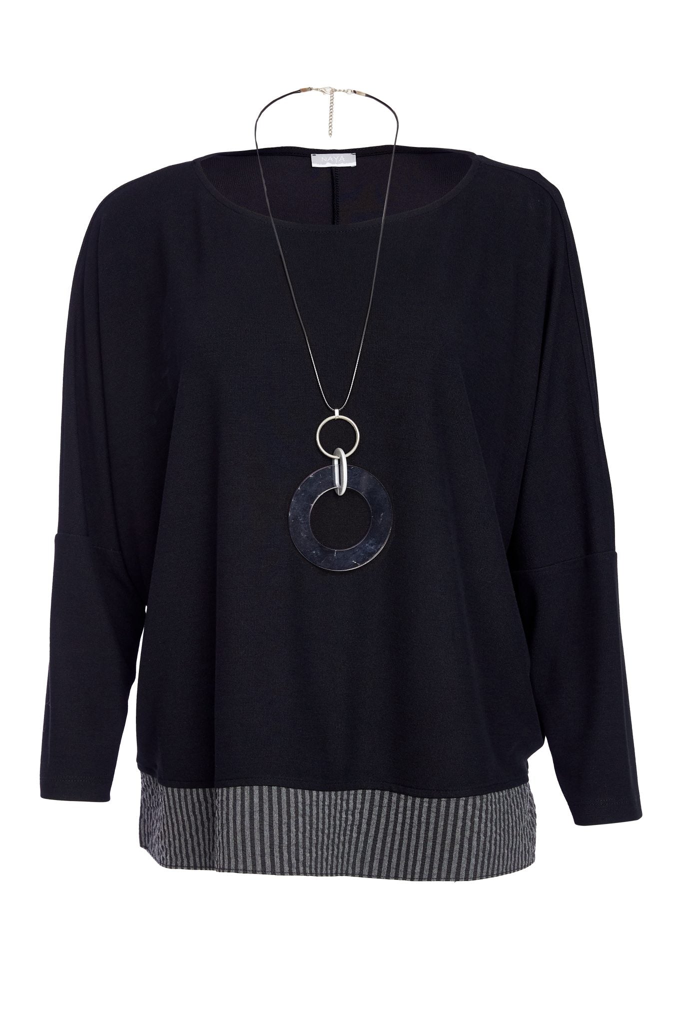 NAYA Round neck top with stripped hempanel and necklace