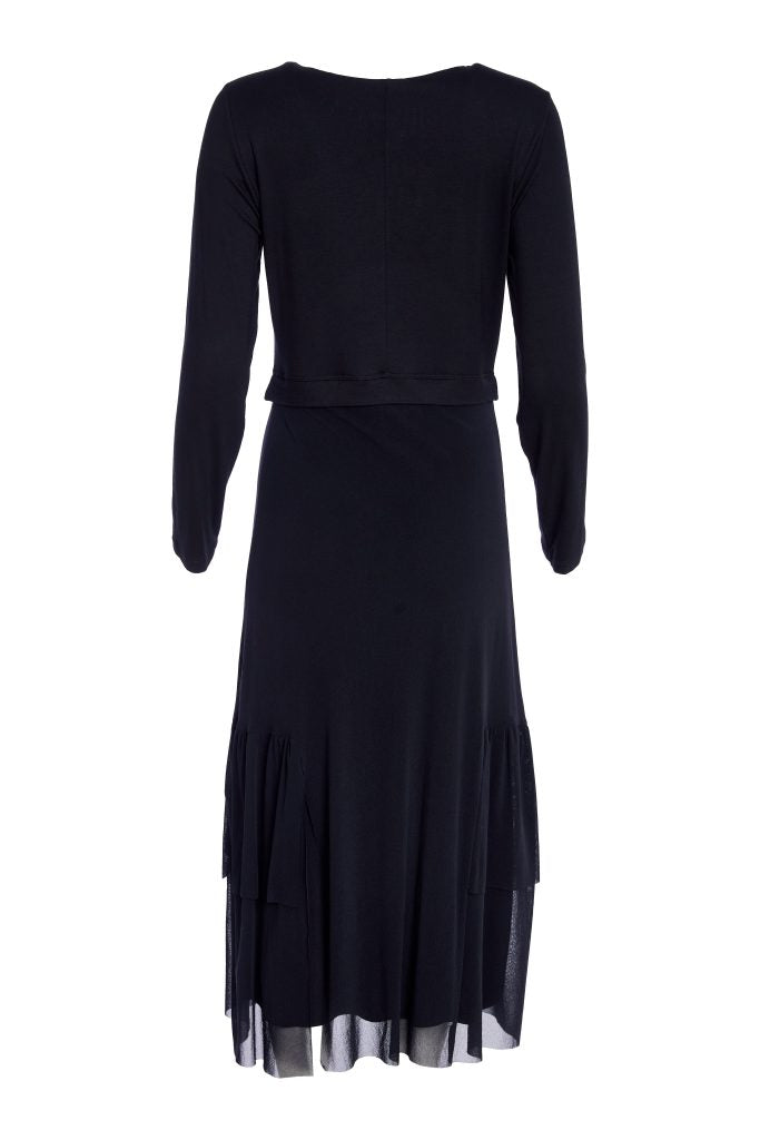 NAYA Round neck dress with mesh skirt and frill hempanel