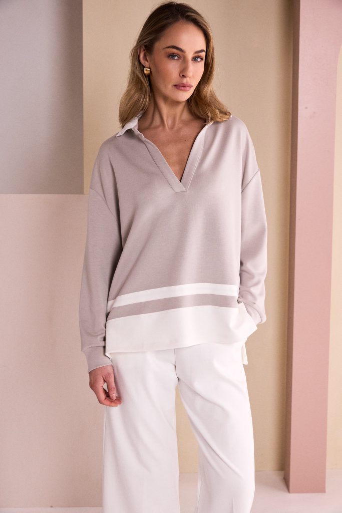 NAYA Placket Top With Collar And Contrast Hem Bands
