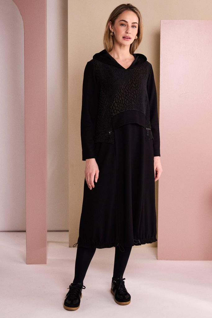 NAYA Dress With Hooded Embossed Top Panel