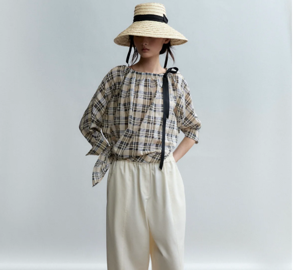 Psophia SOFT-TOUCH PLAID BARDOT BLOUSE WITH DRAWSTRING DETAIL