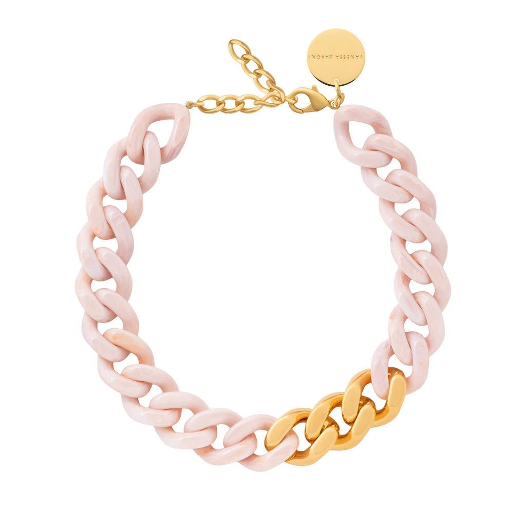 Vanessa Baroni Flat Chain Necklace with gold ivory rose marble