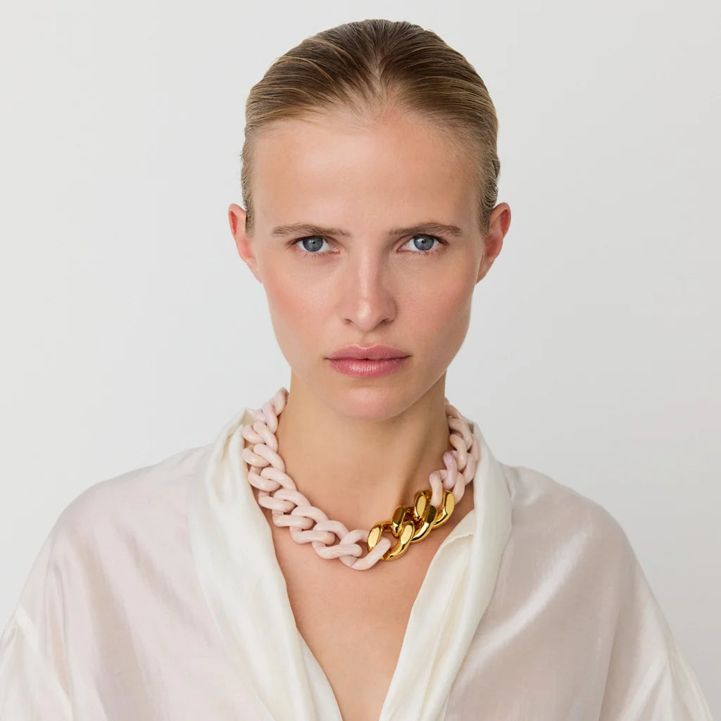 Vanessa Baroni Flat Chain Necklace with gold ivory rose marble