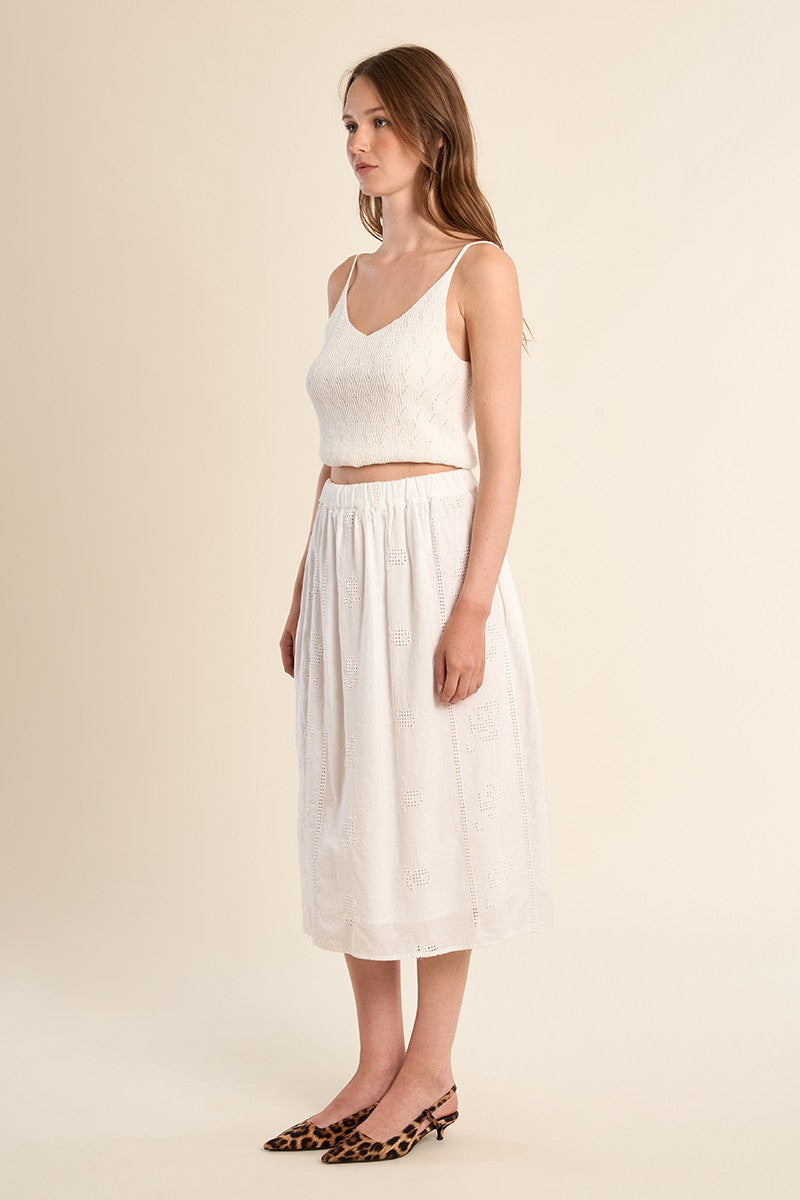 Molly Bracken Midi cotton skirt, openwork embroidery