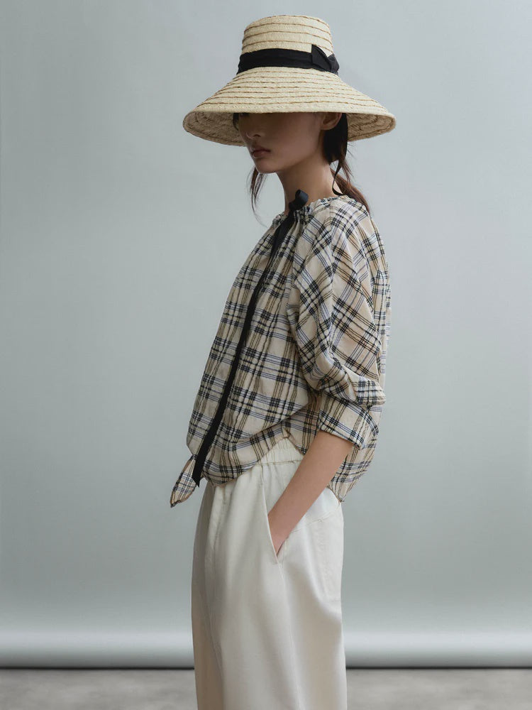 Psophia SOFT-TOUCH PLAID BARDOT BLOUSE WITH DRAWSTRING DETAIL