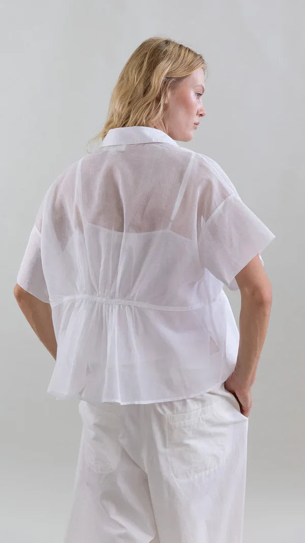 Psophia LIGHT BLOUSE IN SHEEER ORGANZA WHITH FLORAL APPLIQUÉ AND DRAWSTRING WAIST