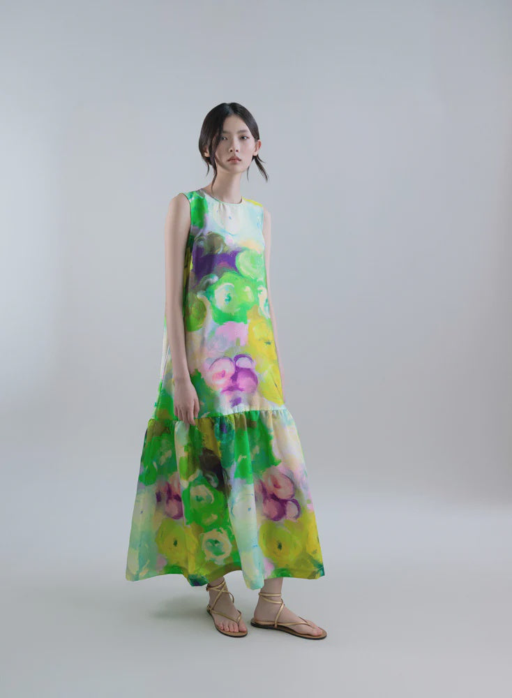 Psophia BLOOMLIGHT PRINT SLEEVELESS LONG DRESS WITH TIE NECK