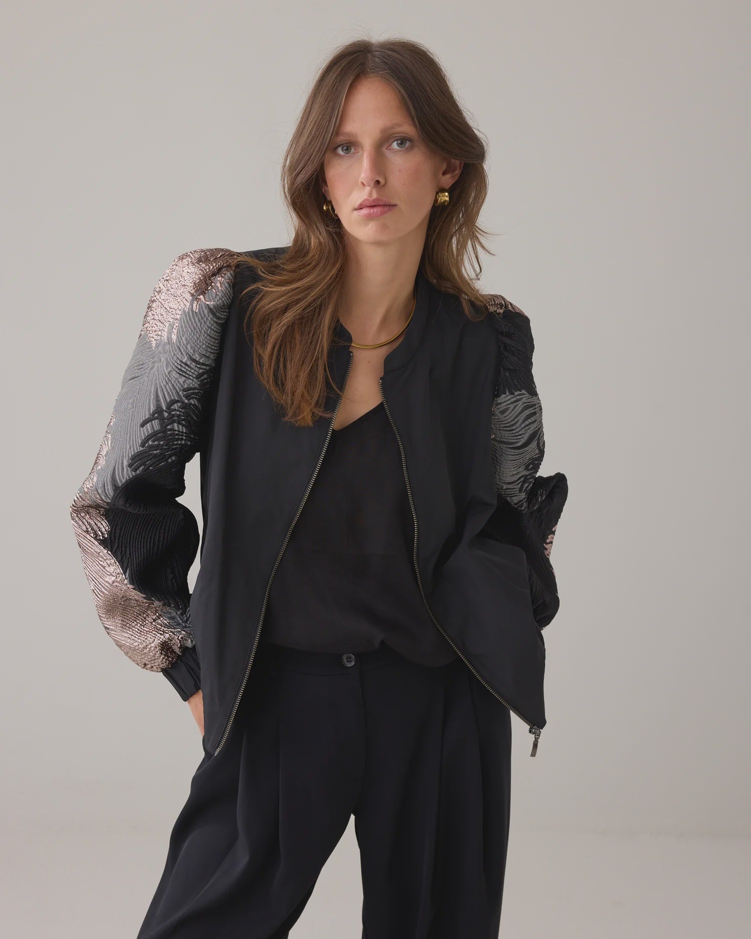 Summum Festive bomber jacket with jacquard sleeves