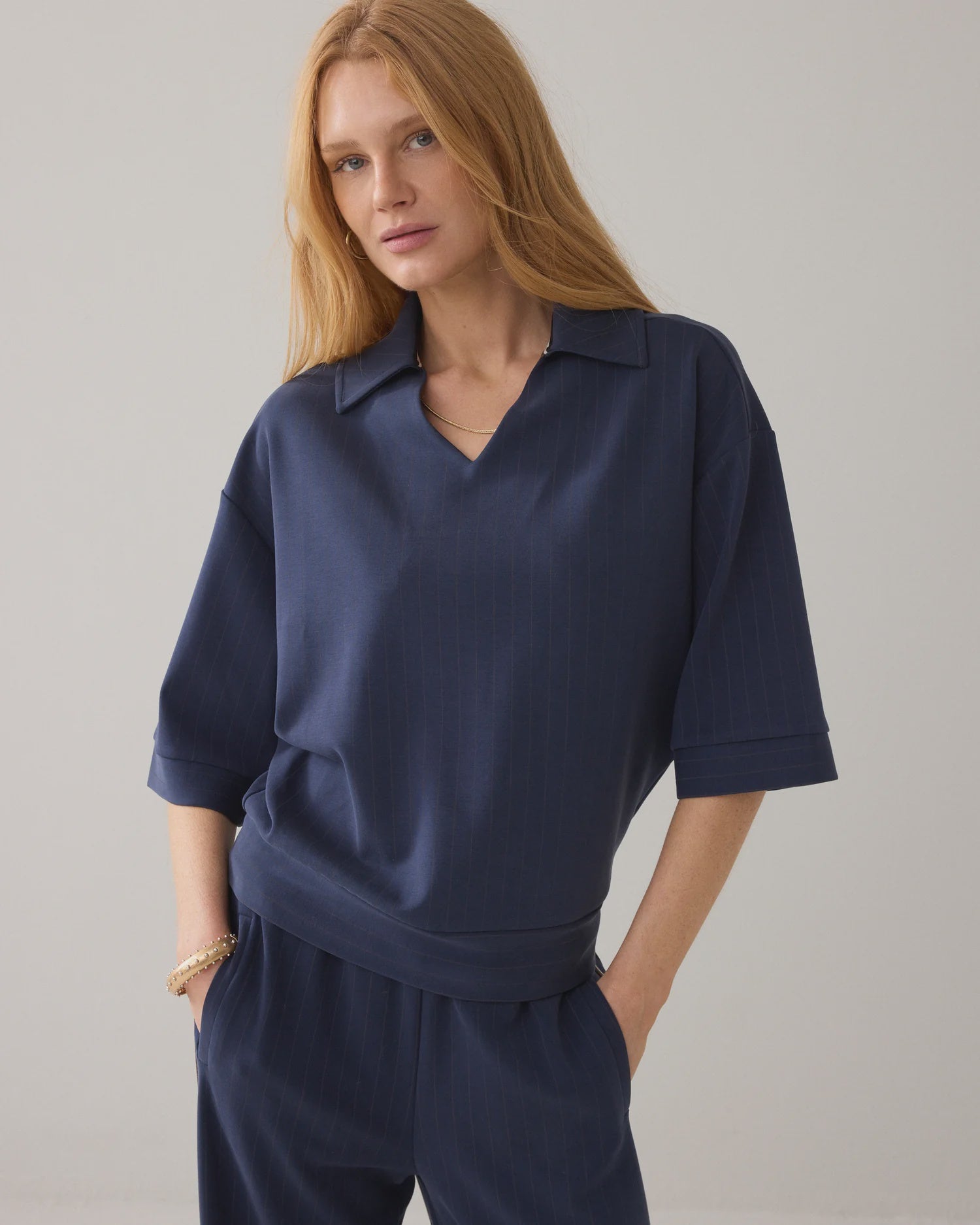 Summum Pinstripe polo shirt in soft scuba fabric