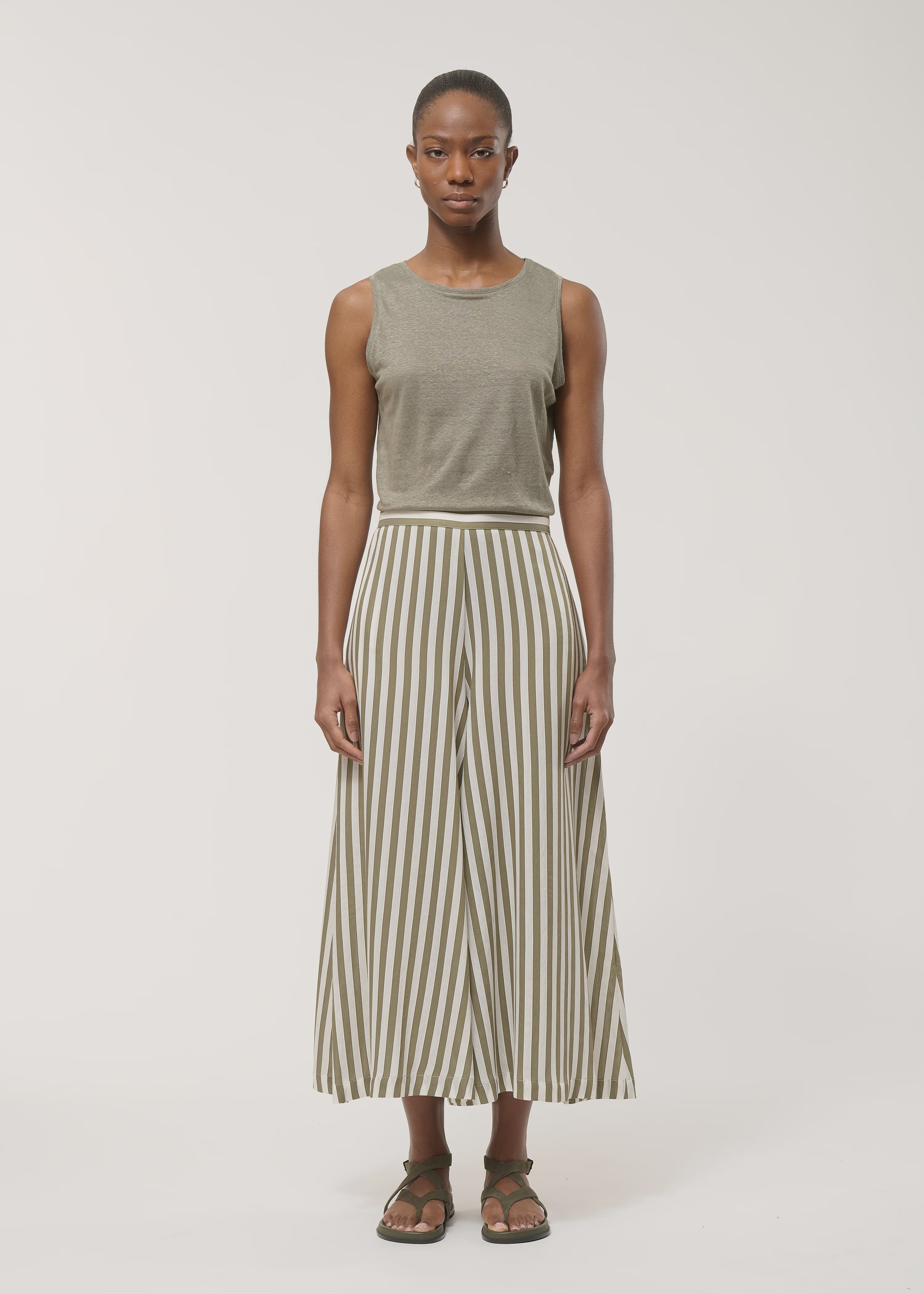 humility Wide 7/8-Length Pants with White and Green Stripes