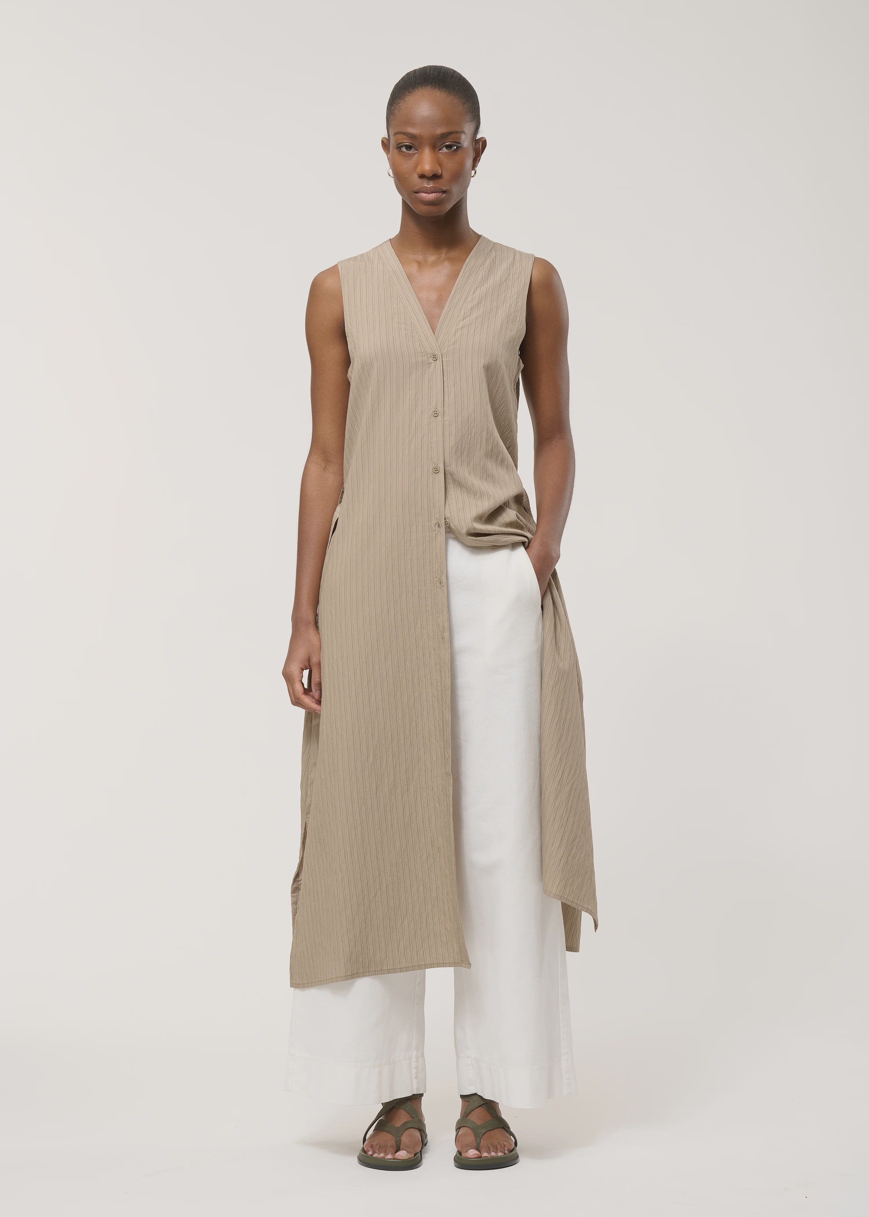 humility Taupe buttoned dress with fine stripes