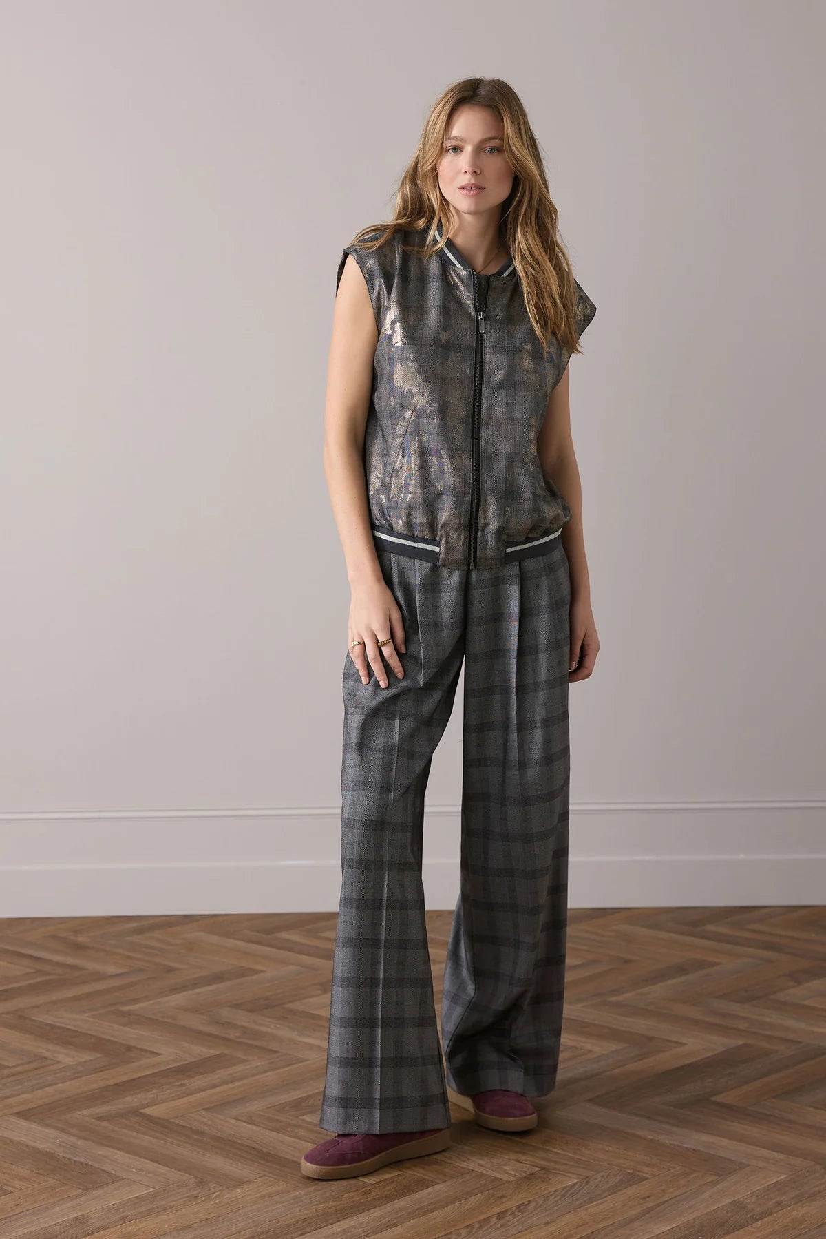 Summum Bomber gilet with plaid and foil print