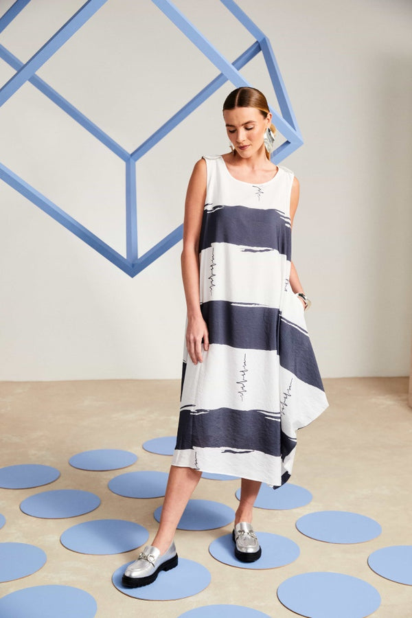 NAYA Diagional stripe round neck dress with script print detail