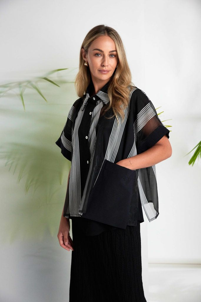 NAYA Stripped Organza Shirt With Fabric Cuff And Pocket