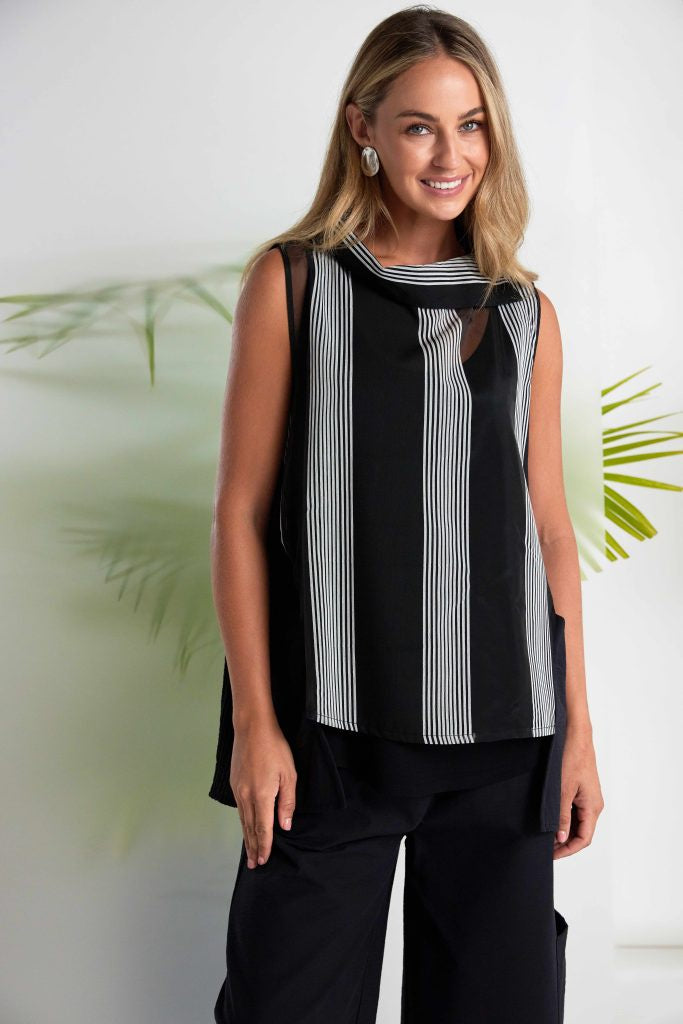 NAYA Stripe Top With Cut Away Collar And Contrast Sides With Pocket
