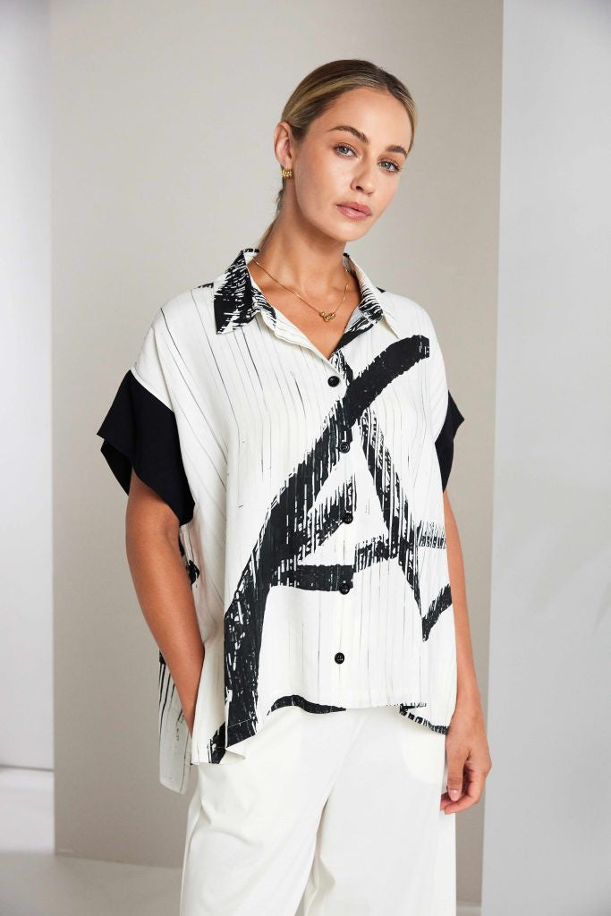 NAYA Brush Stroke Print Blouse With Contrast Cuff