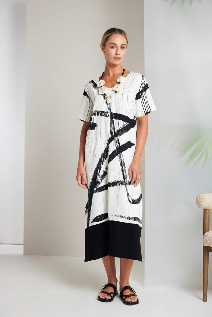 NAYA Brush Stroke Dress With Contrast At Hemline