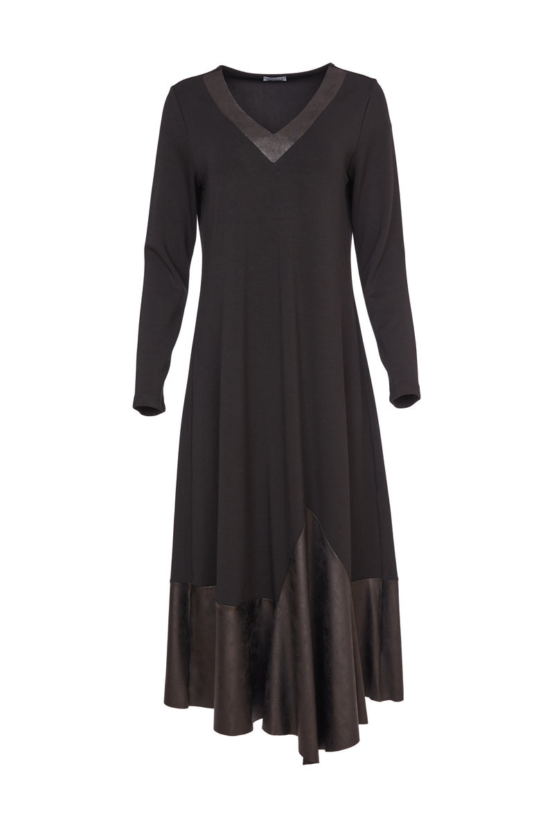 NAYA Vee Neck Dress with Contrast Fabric Panel