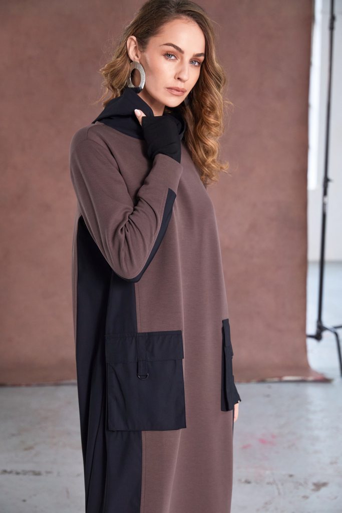 NAYA Wide Dress with contrast hood side panels  and pocket detail