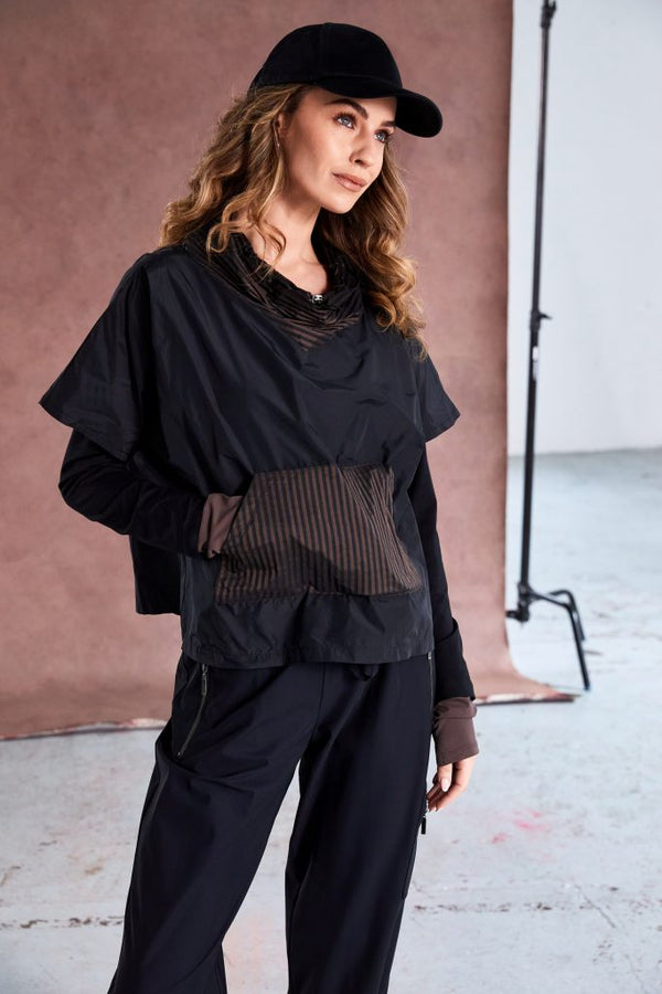 NAYA Drawstring hem top with stripped  pocket and collar