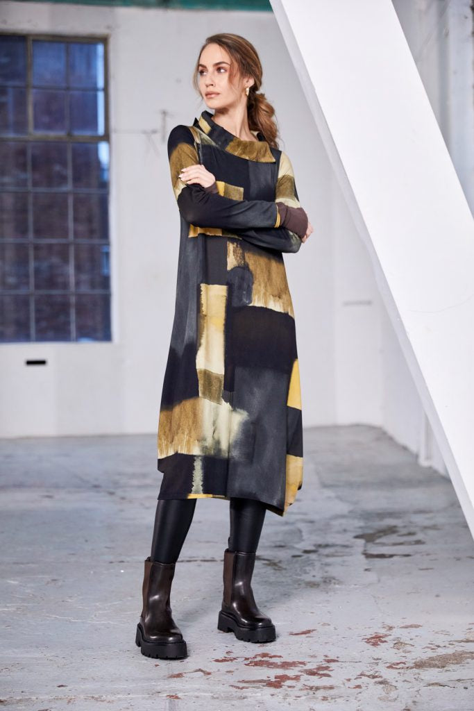 NAYA Jersey print dress with cut away collar and ruched side panel