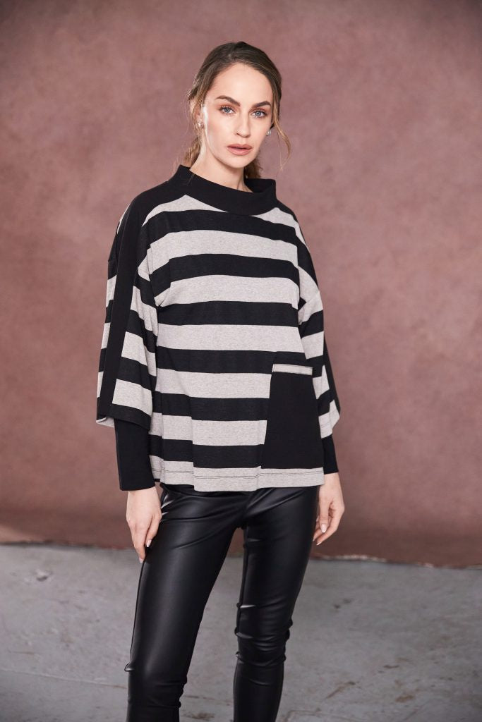 NAYA High neck stripped top with contrast sections and pocket