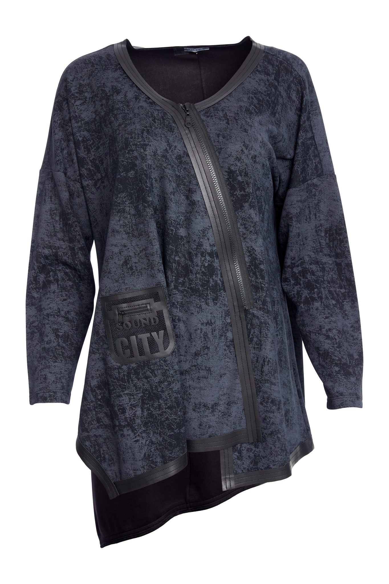 NAYA Marble effect jersey top with leather trims and zip detail