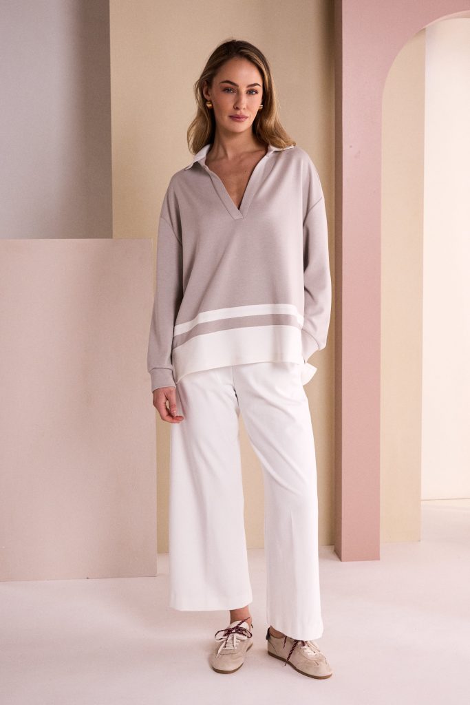 NAYA Placket Top With Collar And Contrast Hem Bands