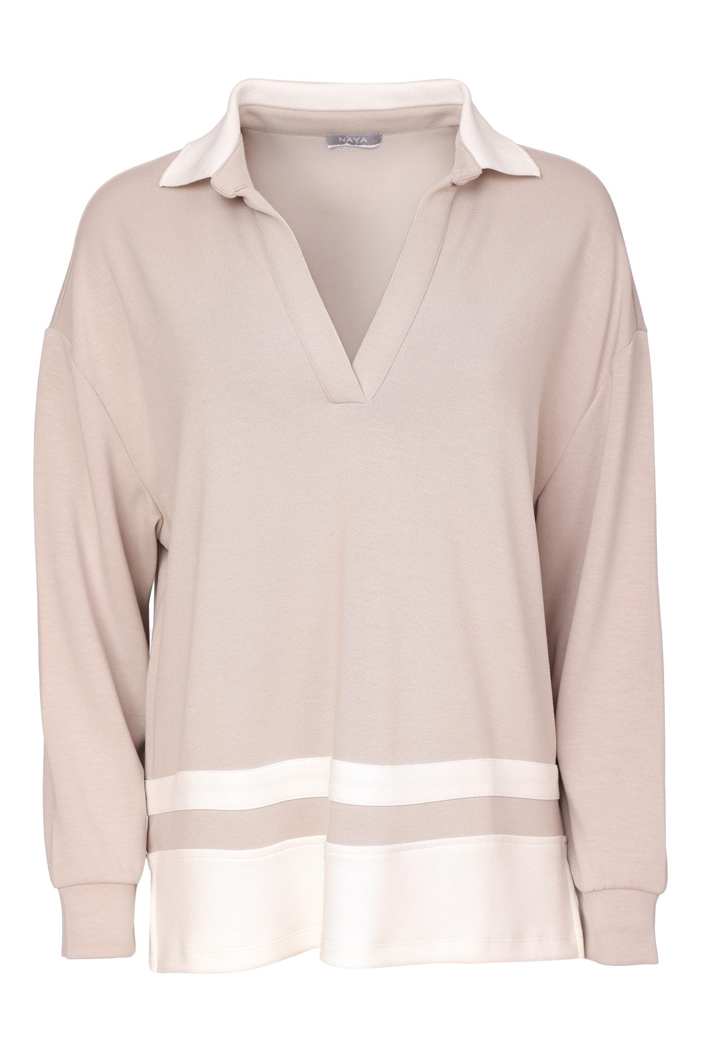NAYA Placket Top With Collar And Contrast Hem Bands