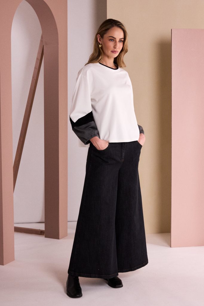 NAYA Round Neck Soft Top With Colour Band Sleeve