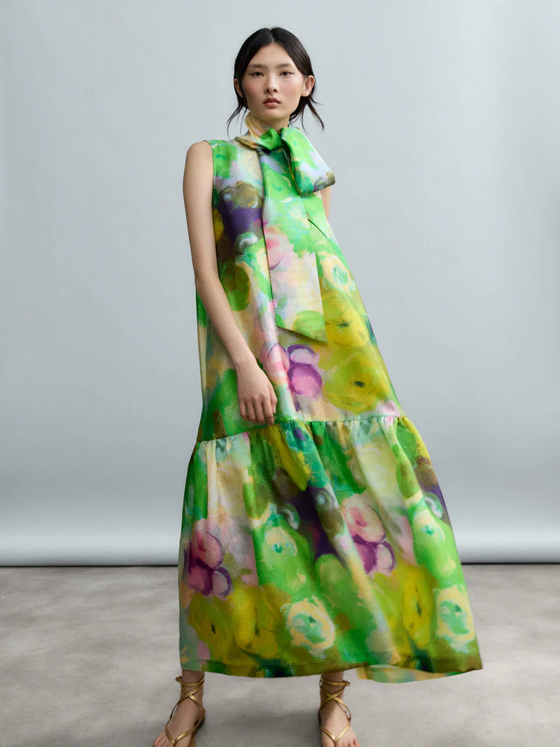 Psophia BLOOMLIGHT PRINT SLEEVELESS LONG DRESS WITH TIE NECK