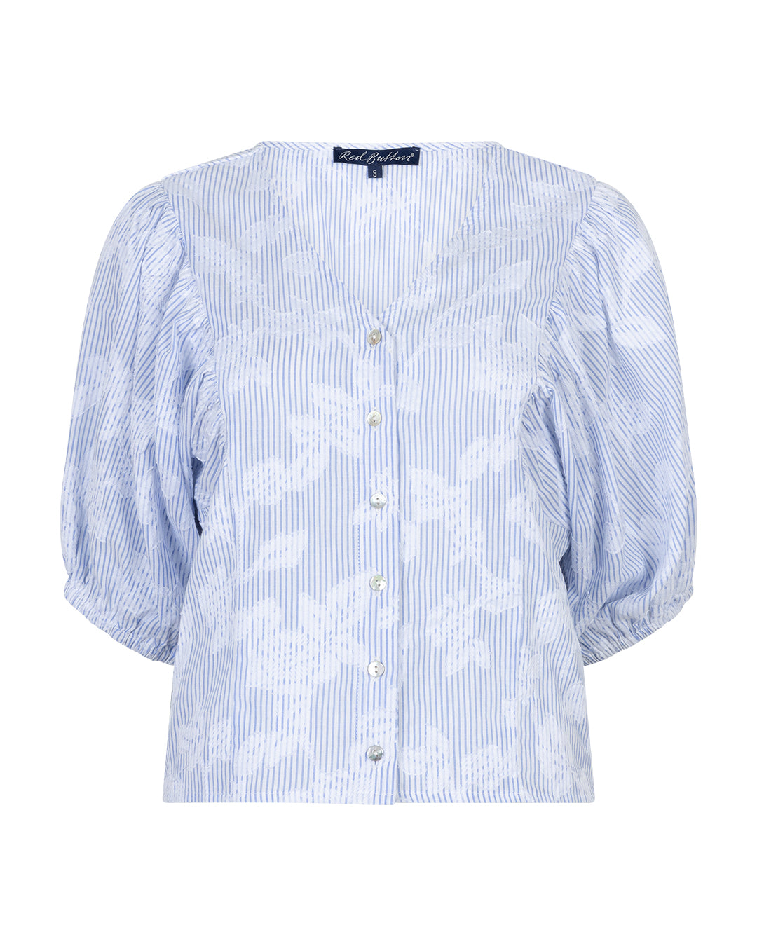 Red Button Blouse Balloonsleeve Stripe & Flower