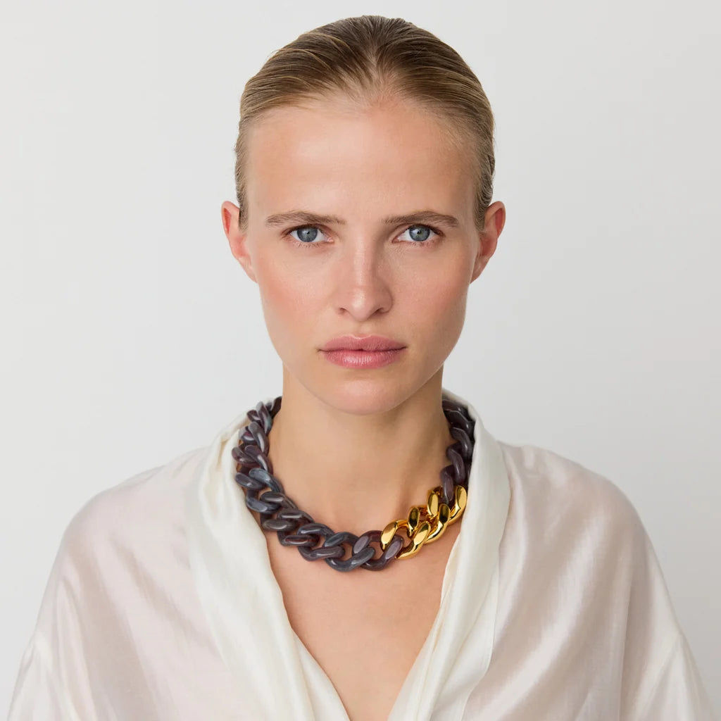 Vanessa Baroni Flat Chain Necklace with gold ikat marble