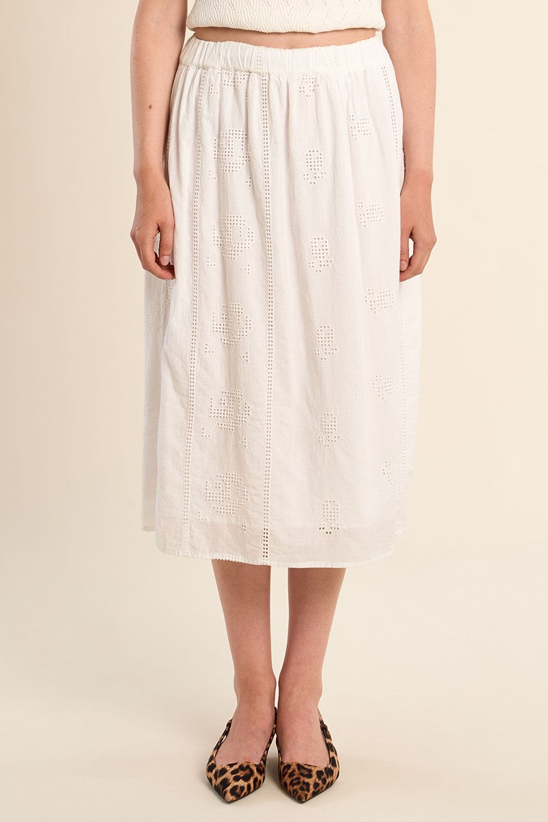 Molly Bracken Midi cotton skirt, openwork embroidery