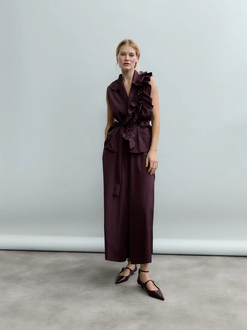 Psophia SOFT STRUCTURED FIG TAFFETA PALAZZO WITH DRAWSTRING DETAIL